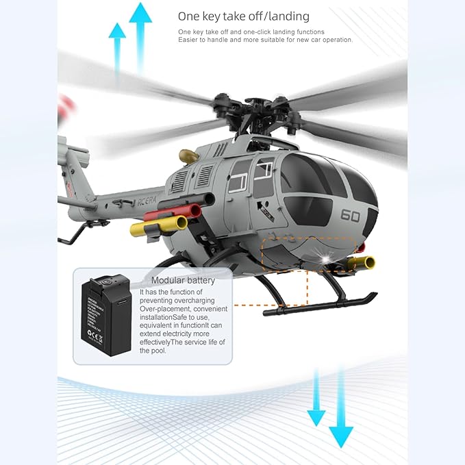 C186S Upgraded Version 6CH Remote Control Helicopter for Adults 14y+ Beginner Expert Aileronless BO-105 Air Pressure Hold Optical Flow Position Aerobatic Flight 6-Axis Gyroscope (Grey 2 Batteries)
