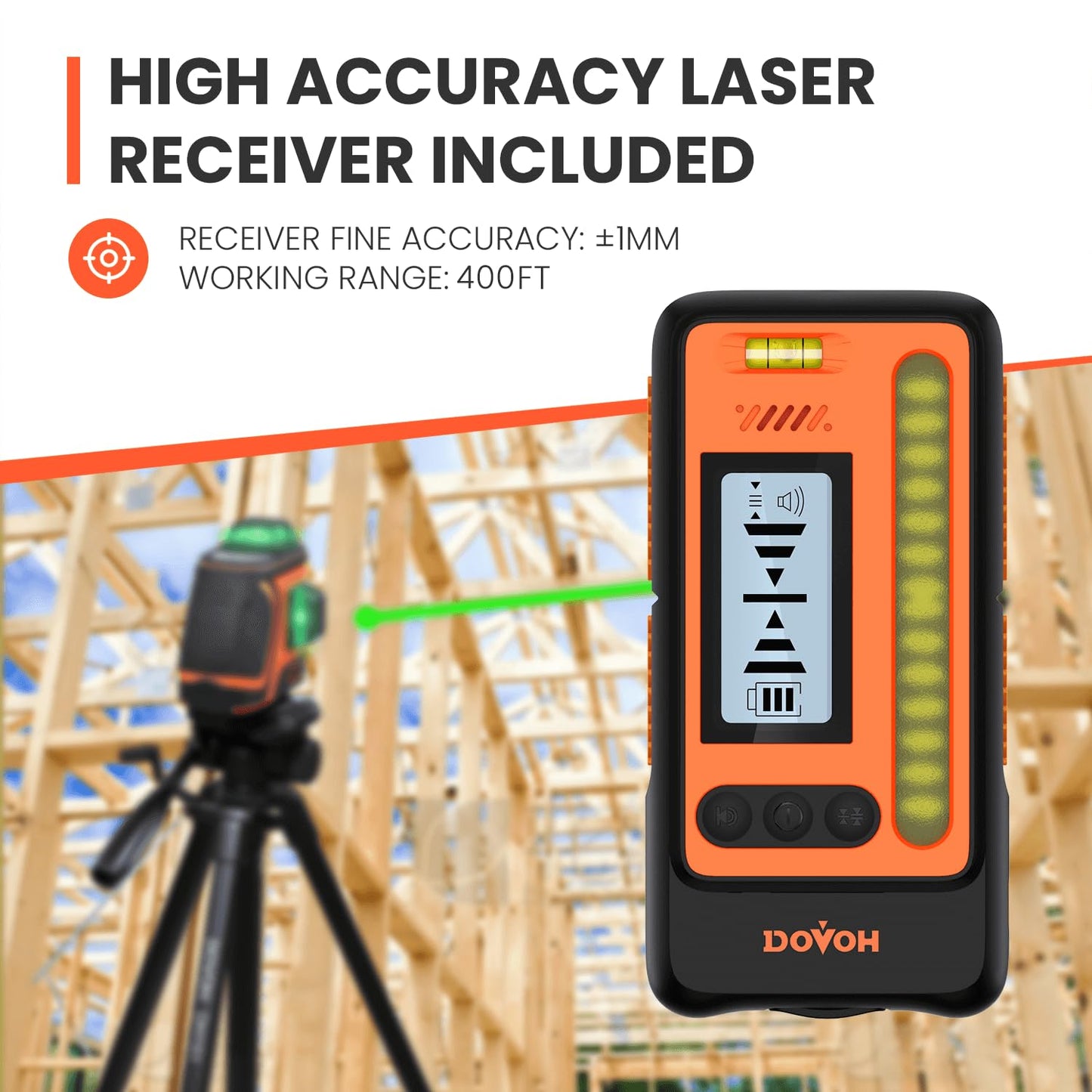 DOVOH Outdoor Laser Level with Receiver : Daylight High Visibility Laser Level 360 Self Leveling Up To 400ft Long Range High Power Green with Detector Outside Construction Landscaping, H3-360G