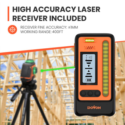 DOVOH Outdoor Laser Level with Receiver : Daylight High Visibility Laser Level 360 Self Leveling Up To 400ft Long Range High Power Green with Detector Outside Construction Landscaping, H3-360G