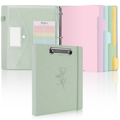 SKYDUE Clipboard Binder with Dividers,1 Inch Linen 3 Ring Binder with Clipboard on Front for Organizer, Clipboard Folder with Pocket, Labels Office Supplies OliveGreen