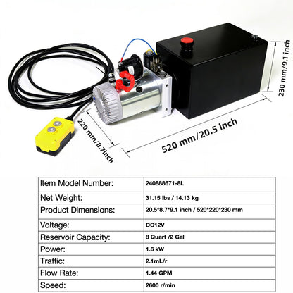 SALMAN Hydraulic Power Unit DC 12V 1.6KW Rotating Speed 2600RPM Pressure 16~20MPa Traffic 2.1 cc/r