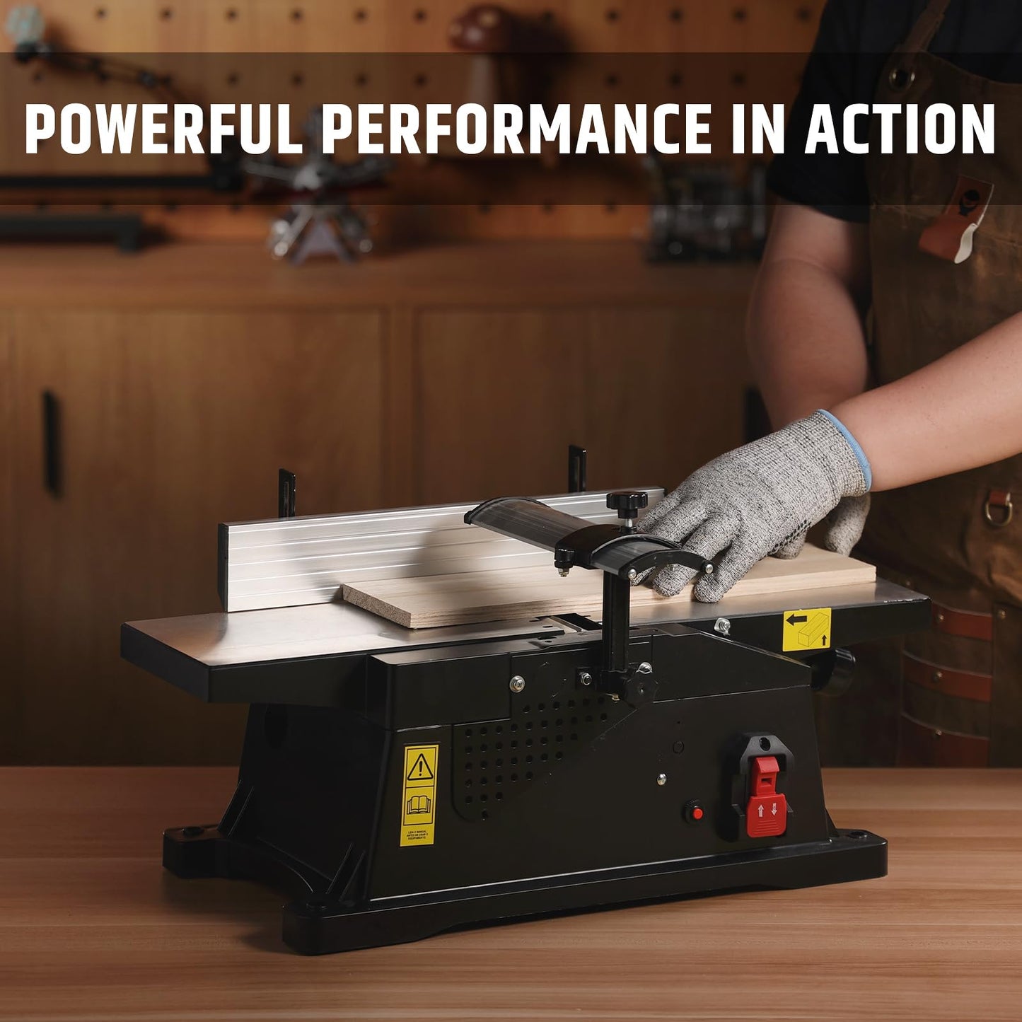 WOODSTARTER 6-Inch Benchtop Jointer with 15 Amp Motor, 12000 RPM Cutting Speed, Adjustable Fence 90–135°, Up to 1/8" Depth, HSS Blades, Table Jointer To for Woodworking DIY
