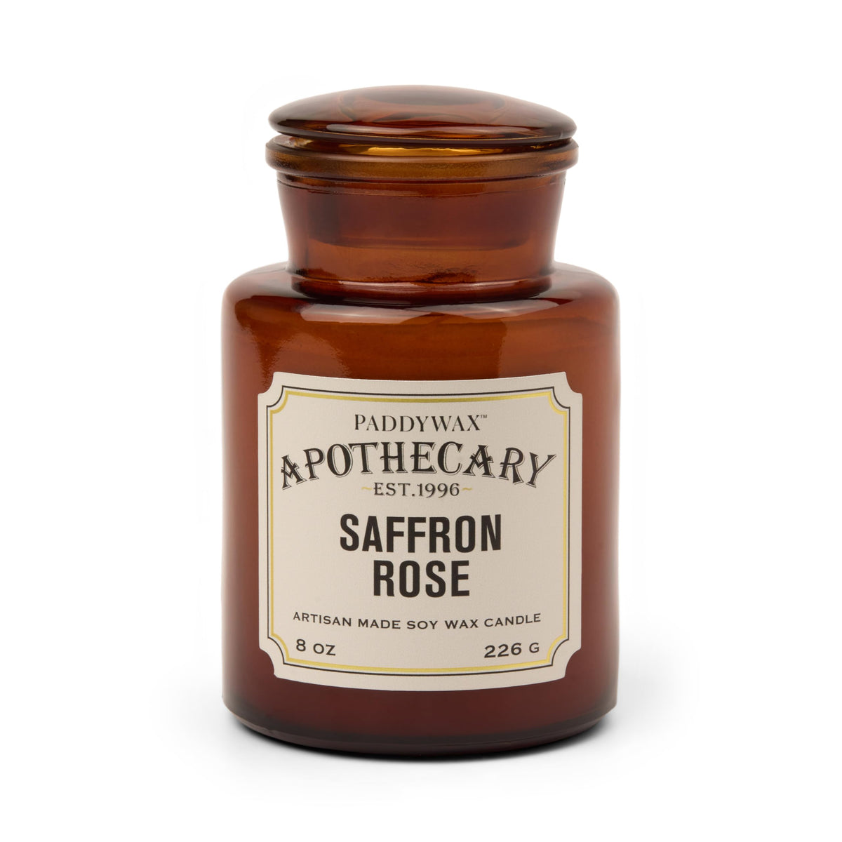 Paddywax Artisan Apothecary Scented Candle with Lid in Reusable Glass Jar, Clean-Burn Soy Candle with Approx. 54 Hour Burn Time, Saffron & Rose, 8 oz