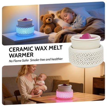 Ceramic Candle Warmer and Wax Melt Warmer with 7 Colors LED Night Light and 1 PC Silicone Liner,4-in-1 Electric Warmer for Jar Candle Wax Cube Essential Oil Coffee, Ideal Gift for Home Office Kitchen