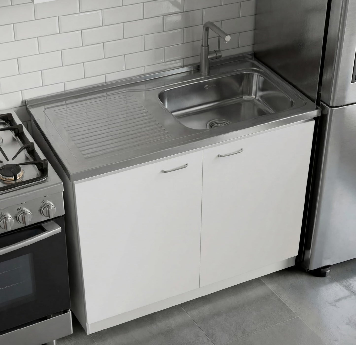Tuhome Napoles Utility Sink Base Cabinet with Integrated Stainless Steel Countertop, Freestanding Cabinet with Double Doors, Interior Shelf for Laundry Room, Utility Room, Mudroom or Kitchen