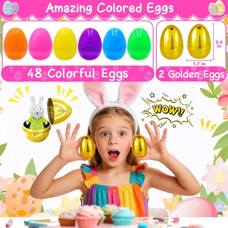 ZICZLI 50 Pack Prefilled Easter Eggs with Assorted Toys Inside Surprise Golden Eggs, Easter Egg Hunt Supplies and Basket Stuffers, Bulk Easter Party Favors Gifts for Kids Boys Girls Toddlers