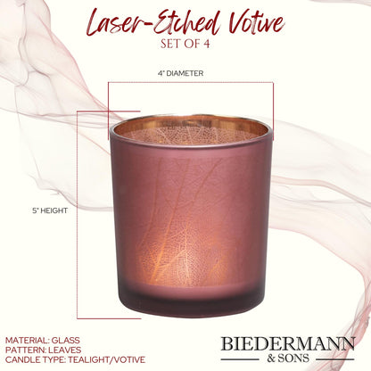 Biedermann & Sons Taro Leaf Glass Candle Holders (Set of 4), Russet Red with Laser Etched Leaves, 4 Inch Diameter x 5 Inch Tall, Warm Ambient Decor for Tables and Shelves