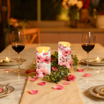 ALAZA Leaves Red White Flower Flickering Flameless Candles Battery Operated with Remote Timer,Tea Light Candles LED Pillar Votive Set of 2 for Outdoor Indoor Decorations 3" x5.9"