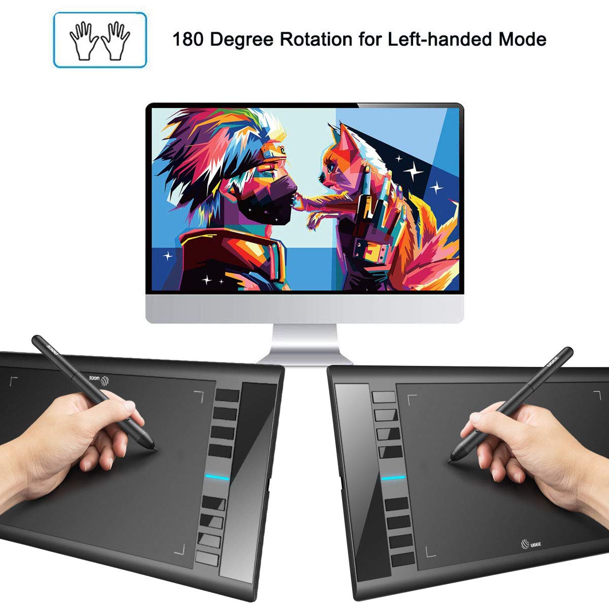 Graphics Drawing Tablet, UGEE M708 10 x 6 inch Large Drawing Tablet with 8 Hot Keys, Passive Stylus of 8192 Levels Pressure, UGEE M708 Graphics Tablet for Paint, Design, Art Creation Sketch Black
