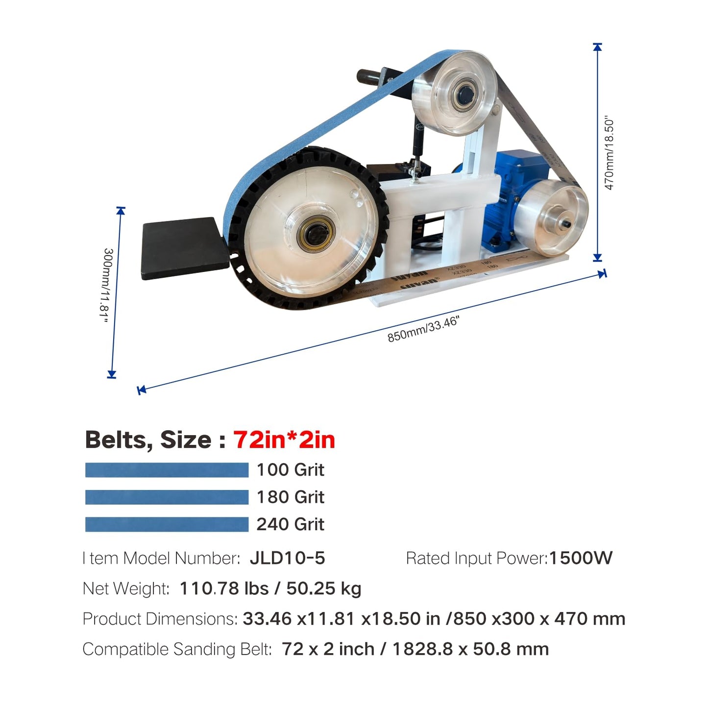 Belt Grinder Sander with VFD，2x72-inch 1500W 2HP Variable Speed Control Belt Sander with 3 Sets Grinding Tools and 3 Zirconia corundum Sanding Belts for Metalworking, Knife Making