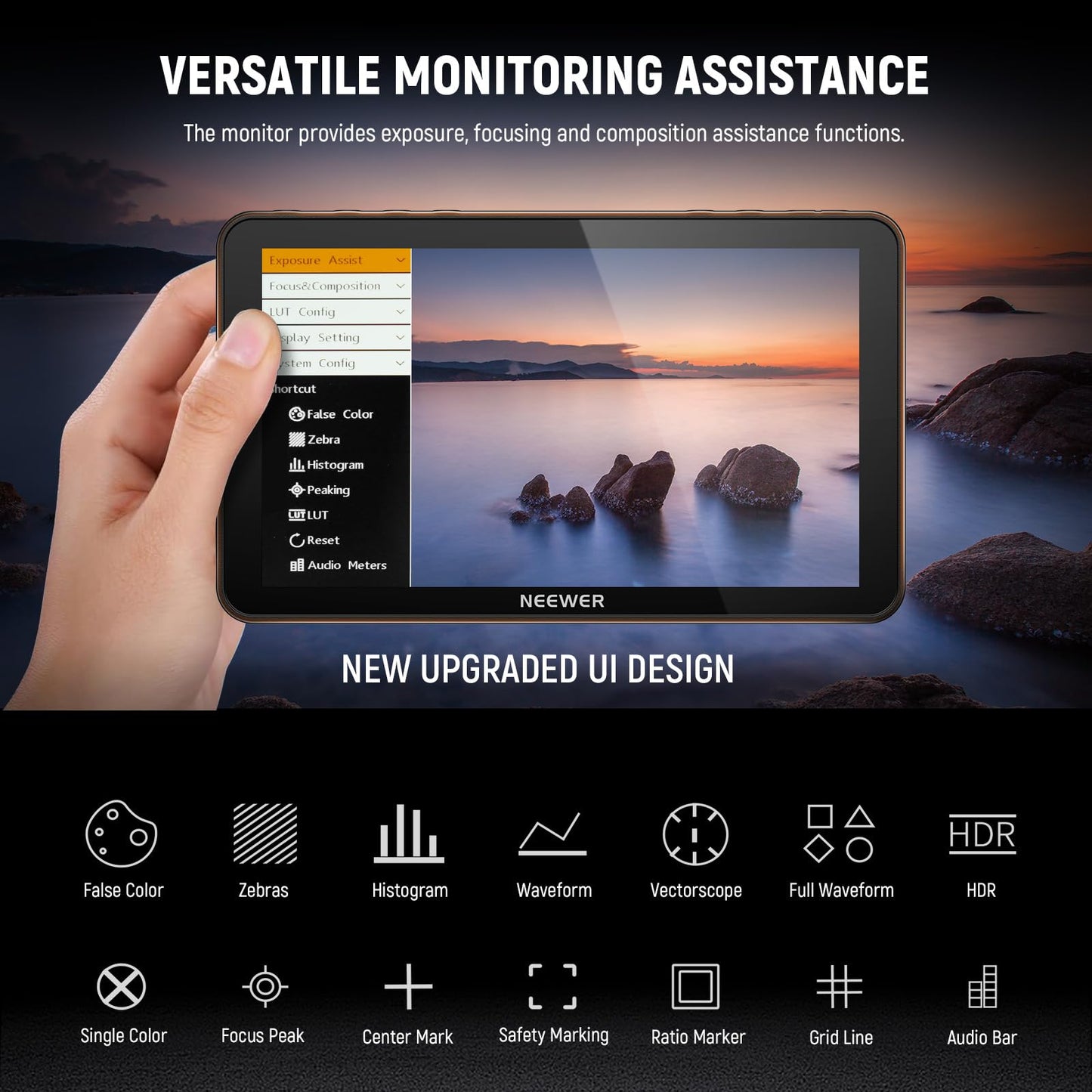 NEEWER F700 7" Camera Field Monitor, 2000nit HD 1920x1080 IPS Touch Screen with 3D LUT, 4K HDMI Loop in/Out with Peak Focus DSLR Video Assist HDR Waveform, Cold Shoe Mount, 2 NP-F750 Batteries & Cable