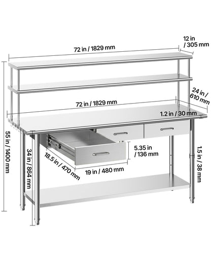 VEVOR Stainless Steel Work Table, 24x72 Inch Food Prep Table with Overshelves and 3 Drawers, Commercial Kitchen Workstation with Adjustable Undershelf, Metal Utility Worktable, for Restaurant Garage