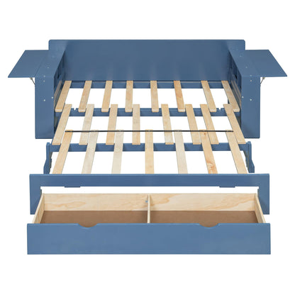 Merax Full Size Daybed with Removable Desk, Storage Drawers & Hydraulic Side Table, Blue