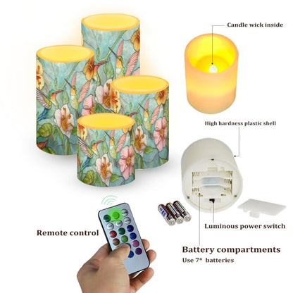Cozeyat Floral Hummingbird LED Candles Set of 4 Battery Powered Flameless with Remote Timer Flickering Waterproof for Wedding Birthday Valentine Home Table