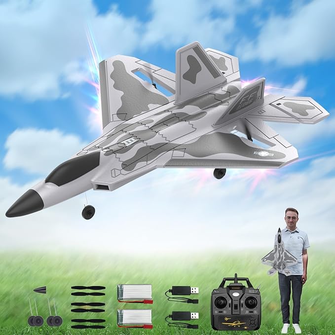 F22 Remote Control Airplane 4 Channel with Lights 2.4G RC Fighter Plane with 6-axis Gyro Stabilizer for Beginner RTF RC Plane 2 Batteries 37min Flight Time - 19in*14in