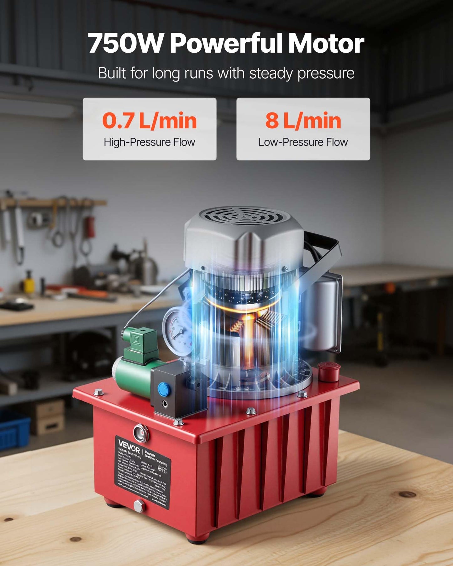 VEVOR Electric Driven Hydraulic Pump, 750W 10,000 PSI, 120V Single Acting Hydraulic Pump Power Pack Unit, Solenoid Valve with Pedal Switch, 2.1 Gal / 8L, for Punching, Bending, Single Acting Cylinders