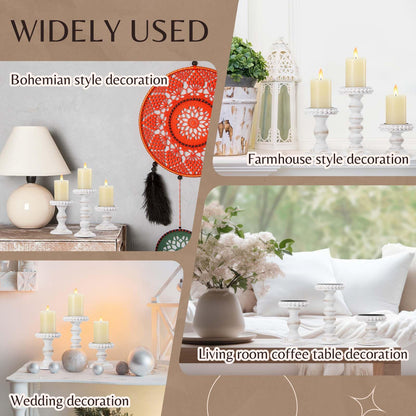 Mumufy 3 Pcs Candle Holders for Pillar Candles Rustic Farmhouse Home Decor Decorative Washed Beaded White Black Wood Candle Holder Country Style for Table Mantel Fireplace Wedding (White,Small)