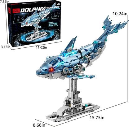 888-PCS Mechanical Blue Dolphin Building Set with LED Light Movable Linkage Gears Display Stand - Ocean Building Block Toy for Adults Teens Kids Age 12+