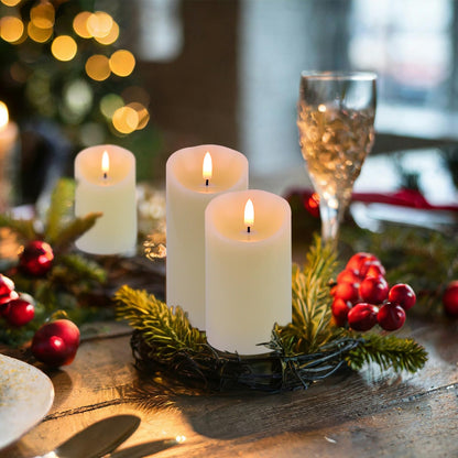Warmhere Flameless Candles Battery Operated with Remote Timer, 3D Flame Flickering, Last 500+ Hours Battery Candles, Ivory Real Wax LED Pillar Candle for Wedding Home Christmas Decorations, Set of 3