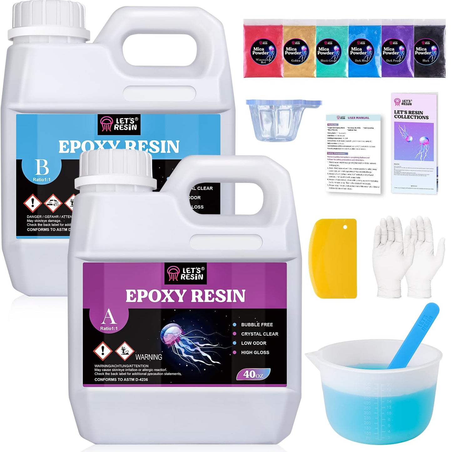 LET'S RESIN 80oz Crystal Clear Epoxy Resin Kit,Bubbles Free Casting Resin Supplies for Beginner,Molds,Jewelry,Resin and Hardener with 6 Mica Powders,Large Silicone Cup