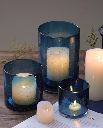 Hurricane Candle Holder Set of 3 Blue Candle Holders for Pillar Candles, Seeded Bubbles Glass Candle Holder, Blue Glass Cylinder Vases for Table Centerpieces, Home, Patio and Wedding 8" 4.7" 3.5"