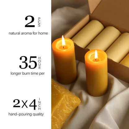 Natural Beeswax Candles Pillar, 2 Packs, 70 Hours Burn Time, 100% Pure Beeswax Candles for Home Deco, Smokeless & Dripless Bees Wax Candle for Relax, Prayer, Air Purification, 2x4 inch