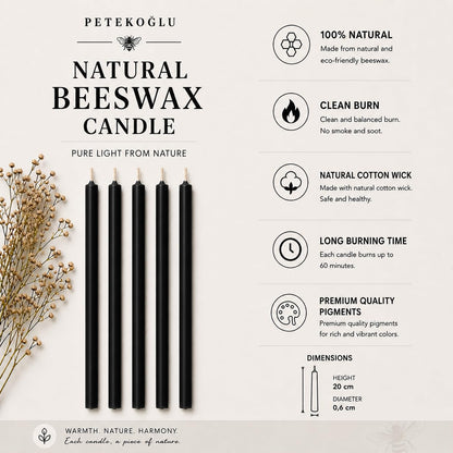 Petekoğlu 15-Pack Beeswax Wish Candles – Handcrafted, Drip-Free, Smoke-Free Slim Taper Candles for Rituals, Meditation, Birthday & Home Décor – Natural Honey Scent 7.87” x 0.24” (Black)