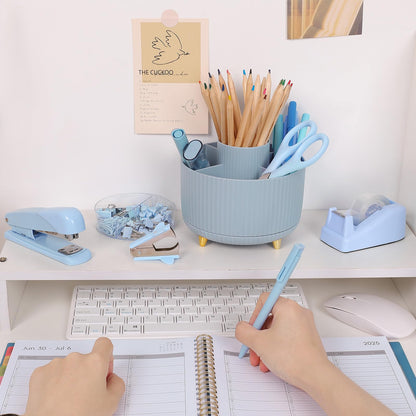 SKYDUE Desk Organizers and Accessories 10Pcs, 360-Degree Rotating Pen Holder, Stapler, Staple Remover, Tape Dispenser,2pcs Tape Refills, Binder Paper Clips Kit, Scissor (Blue)