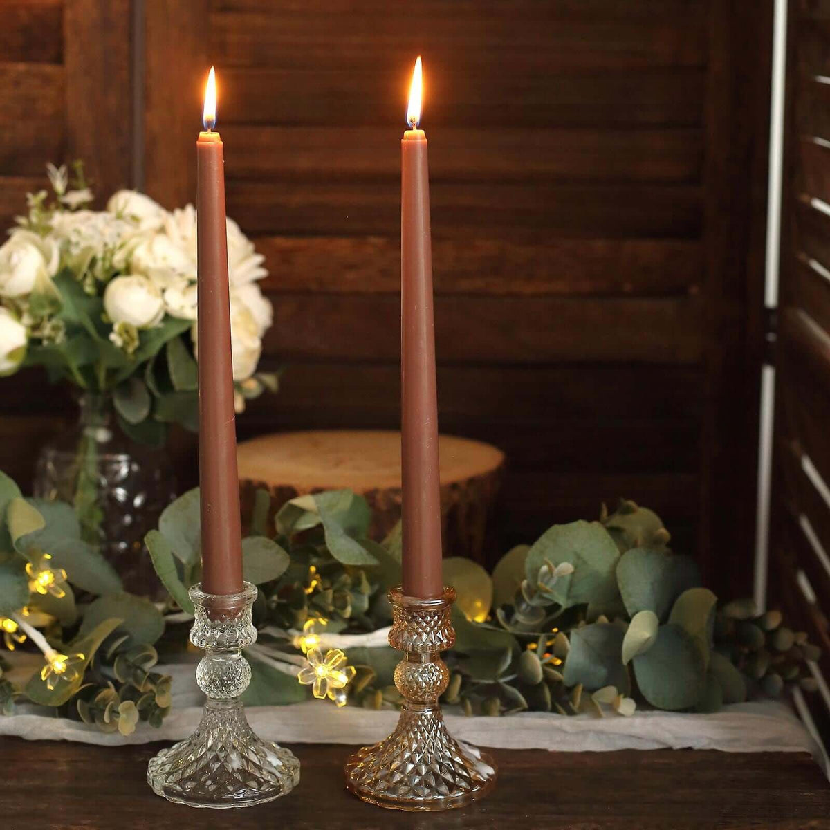 Tableclothsfactory 10" Tall Premium Quality Dripless Unscented Mocha Brown Taper Candles Wedding Dinner Candles for Wedding Decoration Set of 12