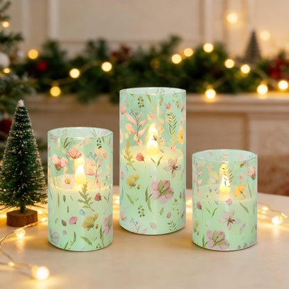 Silverstro Flameless Candles with Remote Timer, Glass Battery Operated LED Candles, Green Floral Design, Cylindrical Shape, Set of 3 for Home Party Wedding Decor