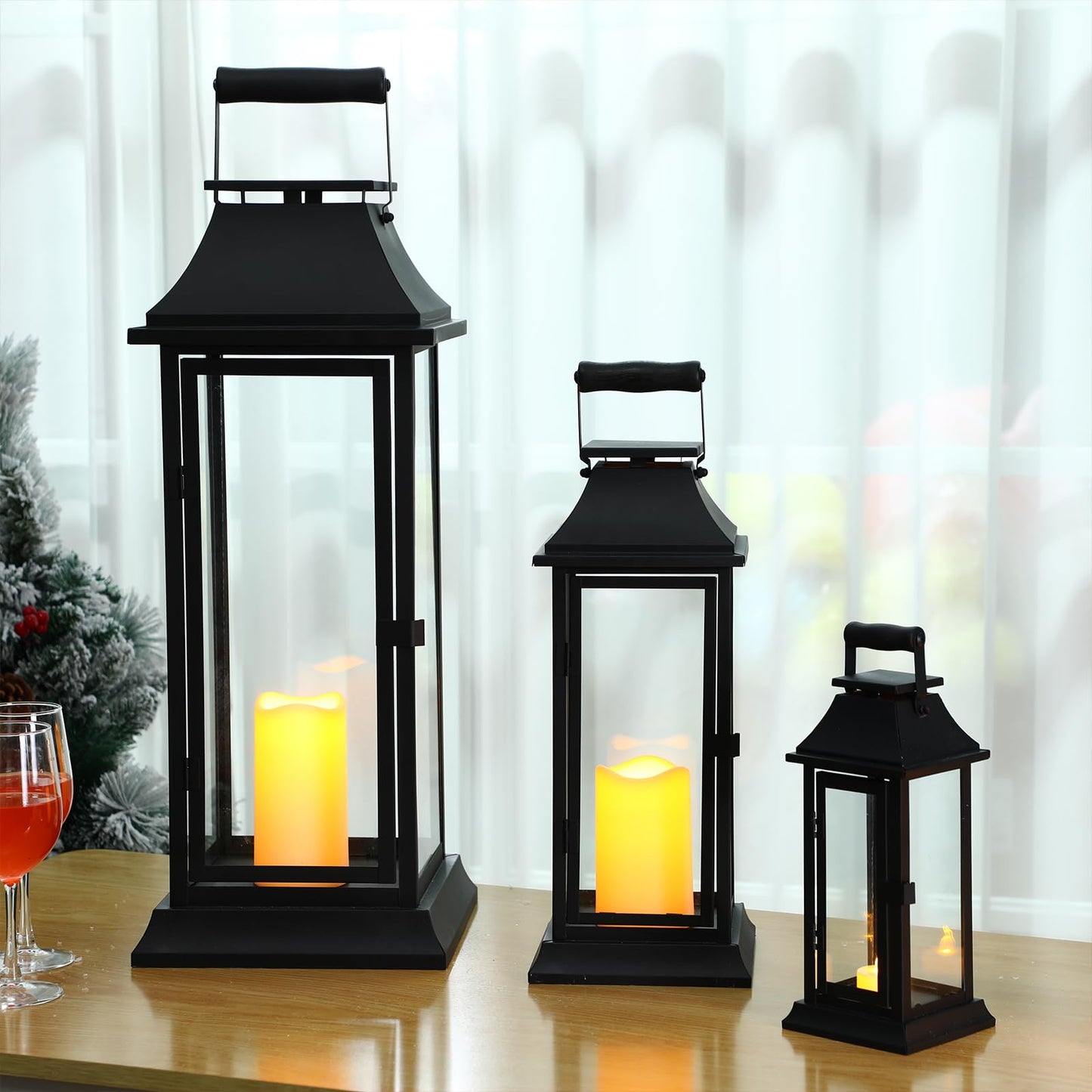 Mifoci Jumbo Black Metal Decorative Lanterns with Clear Glass Panel Hurricane Candle Lantern for Home Decor Party Event Tabletop Front Porch Wall Hanging Indoor Outdoor(3 Pcs,24'' 16'' 10'')