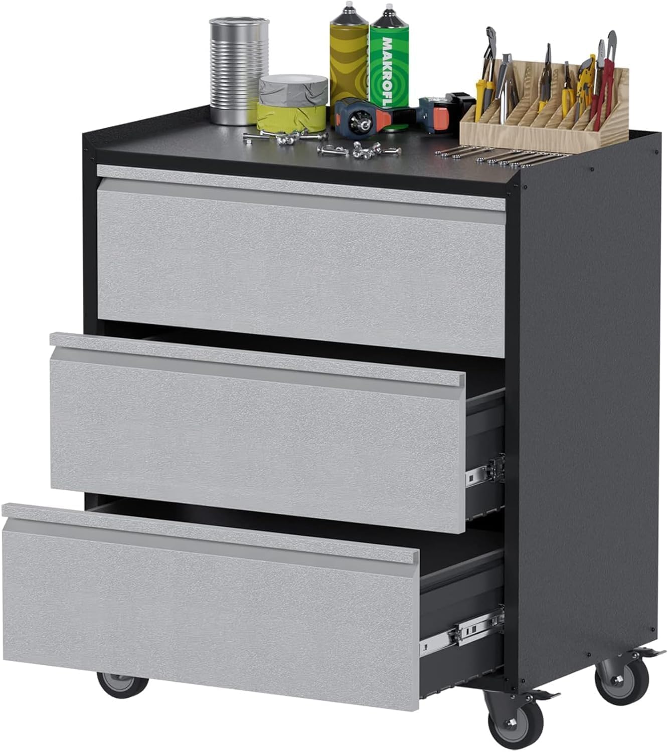 ExploreHorizon Metal Storage Cabinet with 3 Drawers on Wheels, Heavy Duty Rolling Tool Cart, Mobile Tool Chest for Garage, Workshop, Home, Office, Warehouse, Gray