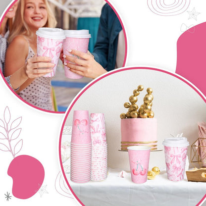 FYSUIMU 50 Pcs Pink Bow Coffee Paper Cups Cherry Bowknot Coquette 16 Oz Disposable Cups with Lids for Hot Cold Drinks Birthday Baby Shower Bachelorette Party Supplies, 2 Designs