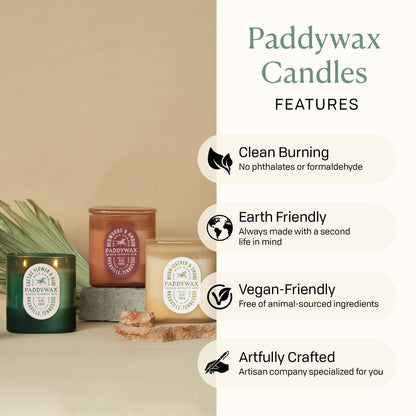 Paddywax Vista Scented Candle with Lid in Reusable Tonal Glass Jar, Clean-Burn 2-Wick Soy Candle with Approx. 84 Hour Burn Time, Decorative Gift Candles for Home, Worn Leather & Smoke, 12 oz