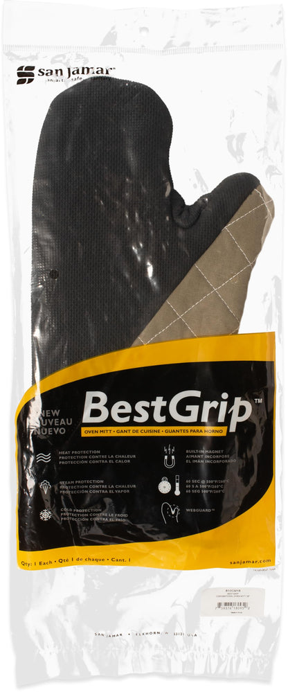 Carlisle FoodService Products 810CM15 San Jamar Textured Neoprene Bestgrip Conventional Temperature Protection Oven Mitt with Magnet and WebGuard, 15" Length, Tan/Brown