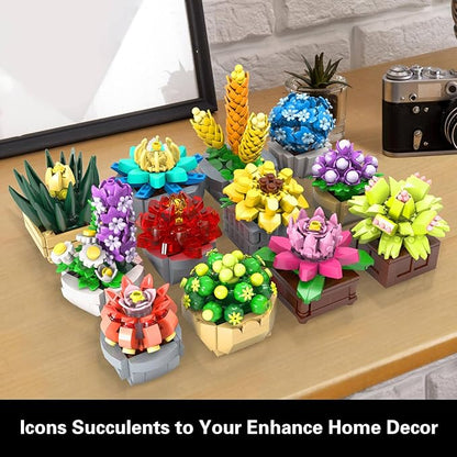 Succulents Set for Adults Building Sets 12 Plants Home Decor Birthday Gifts for Women Creative Housewarming Gifts Botanical Collection Flowers Succulents Artificial Plant Kit (1174 piece)