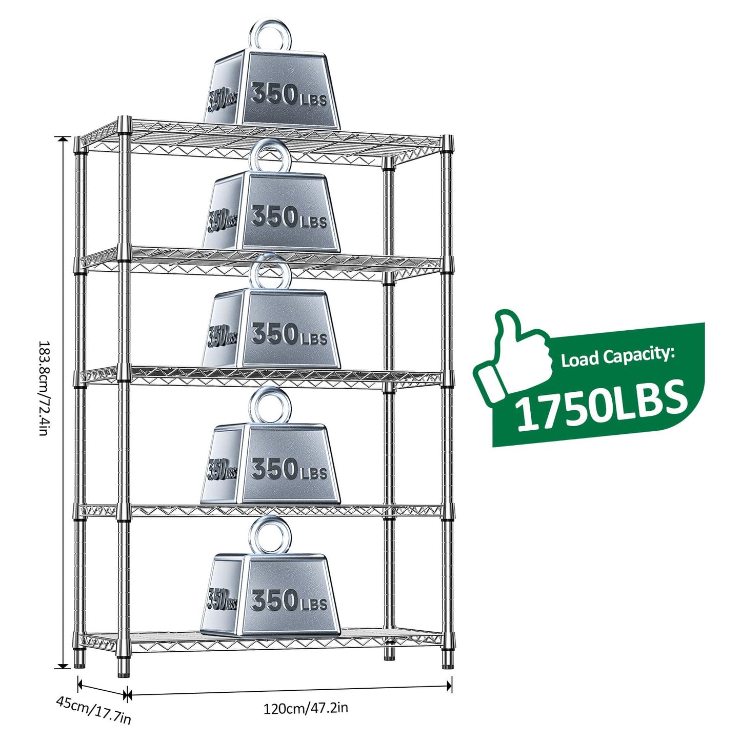 IZEUK 5-Tier Metal Storage Shelving Unit, Heavy Duty Chrome Wire Rack, Adjustable Shelves, 1750 lbs, 17.7" D x 47.2" W x 72.3" H, Garage Storage, Kitchen Pantry Organizer, Basement & Laundry Shelf