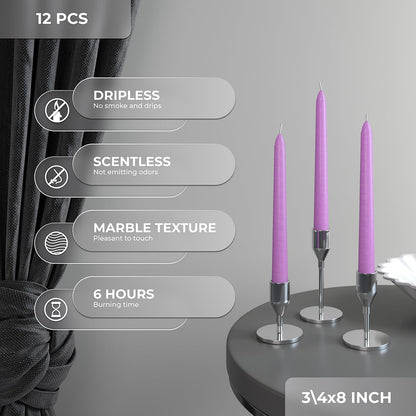 CANDWAX 8 inch Taper Lilac Candles Set of 12 - Unscented Smokeless Dripless Tall Candlesticks - Perfect for Special Occasions, Ordinary Dinners, for Mother's Day - Lavender Candle Sticks