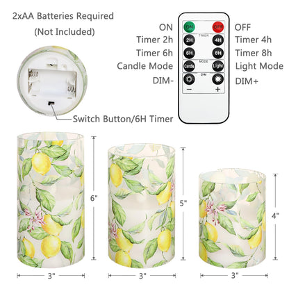 FLAVCHARM Lemon Glass Flameless Candles with Remote Timer Battery Operated LED Flicker Real Wax Pillar Candles Spring Summer Lemonade Party Kitchen Table Dinner Christmas Holiday Decor D3 x H4, 5", 6"