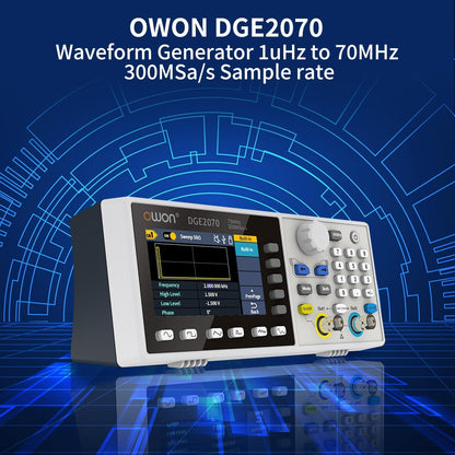 OWON DGE2070 70MHz Dual Channel Arbitrary Waveform Generator, 300MSa/s Sampling Rate, 14-Bit Resolution, 150 Built-in Waveforms, 3.6” LCD, Portable Signal Generator for Lab & Electronics Testing