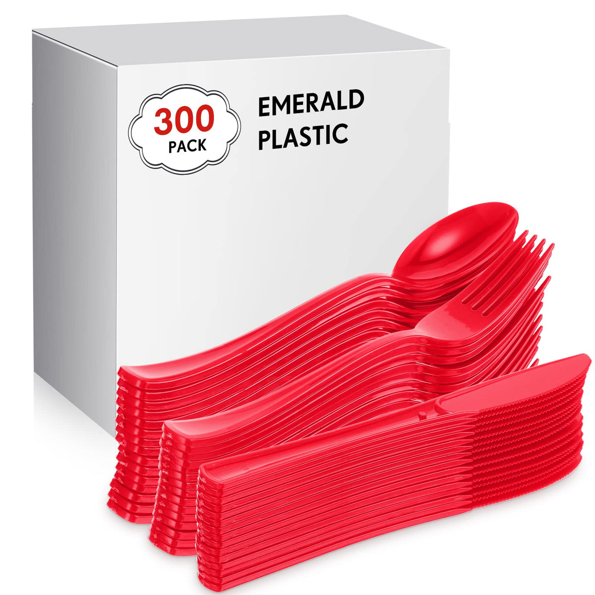 300 Pcs Plastic Silverware Heavy Duty Cutlery Set Plastic Utensils Set Includes 100 Disposable Spoons 100 Forks Knives for Parties Catering Family Gathering(Red)