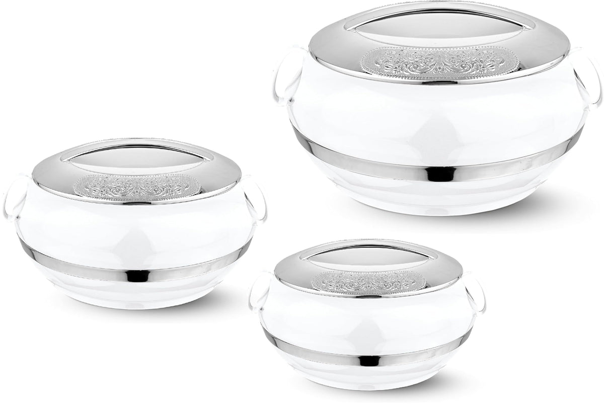 T TABAKH Golden Crest Insulated Casserole Dish with Lid Hot Pot Food Warmer/Cooler - Thermal Soup, Salad Serving Bowl - Stainless Steel Container - Keeps Food Hot & Cold (White, 2300ml, 3500ml, 5000ml)