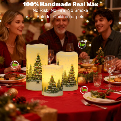 Wondise Flameless Flickering Pillar Candles with Remote Timer, Real Wax Battery Operated Christmas Tree Pine Tree Decal LED Candle for Christmas Decoration Gifts, Set of 3(D3 x H4/5/6 Inch)