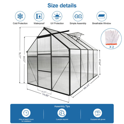 Acosure 6x8 FT Polycarbonate Greenhouse, Walk-in Garden Plants Heavy Duty Green House, Weatherproof Aluminum Hot House w/ Raised Base and Sliding Door & Vent for Outdoor Backyard, Black