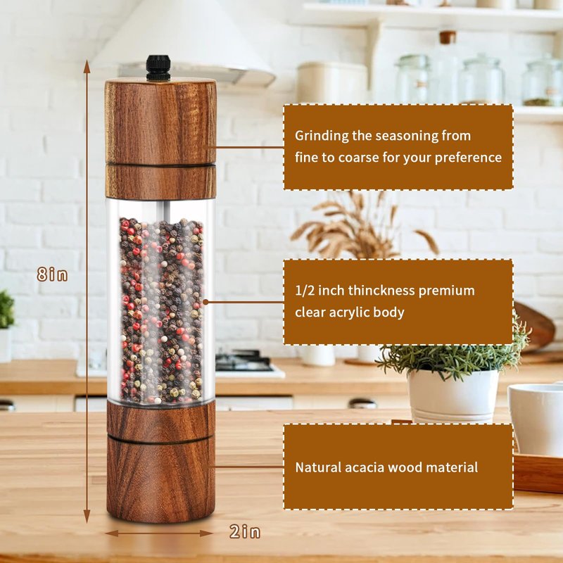 XWXO Acacia Wood Salt Grinder and Pepper Grinder Set Premium Acrylic Salt and Pepper Mill Set, Manual Salt and Pepper Mills- Wooden Shakers with Adjustable Ceramic Core 8 Inches 2 Pack