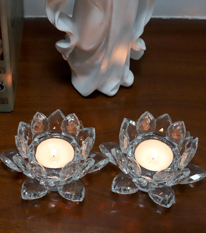 Aixita Crystal Lotus Flower Tealight Candle Holder Set of 2, Clear Glass Candlestick Holders, Pillar Votive Candle Holders for Table Centerpiece, Home Décor, Party, Wedding, Dinning