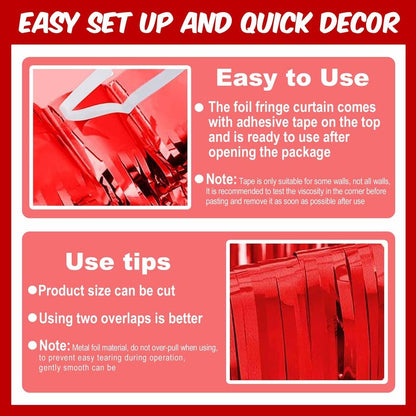 3 Pack Red Foil Fringe Curtains Backdrop, 3.28 x 8.2 Ft Metallic Streamers Tinsel Curtains Background for Photo Booth, Birthday, Halloween, Christmas, Thanksgiving, New Year Party Decorations