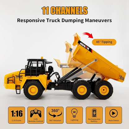 16.5 Inch Remote Control Dump Truck 11-Channels 1/16 Scale 6.6LBS Load Capacity RC Heavy Duty Semi Alloy Construction Vehicles Toy for Boys Kids 8y+ 12y+ (6-Wheels)