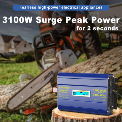 Pure Sine Wave Inverter 1500 Watt 12V to 110V 120V AC Surge Peak 3100W for 2s Power Inverter FCC Approved Built-in UL Fuse PD36W USB-C Port Compatible with Lithium Battery for Off-Grid Solar Car RV