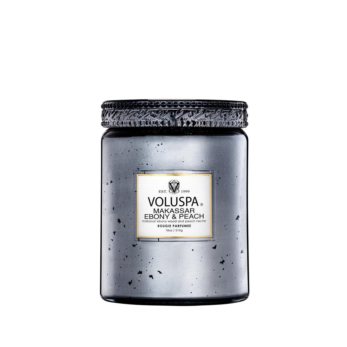 Voluspa Makassar Ebony & Peach Candle | Large Glass Jar | 18 Oz | 100 Hour Burn Time | Coconut Wax for Clean Burning |